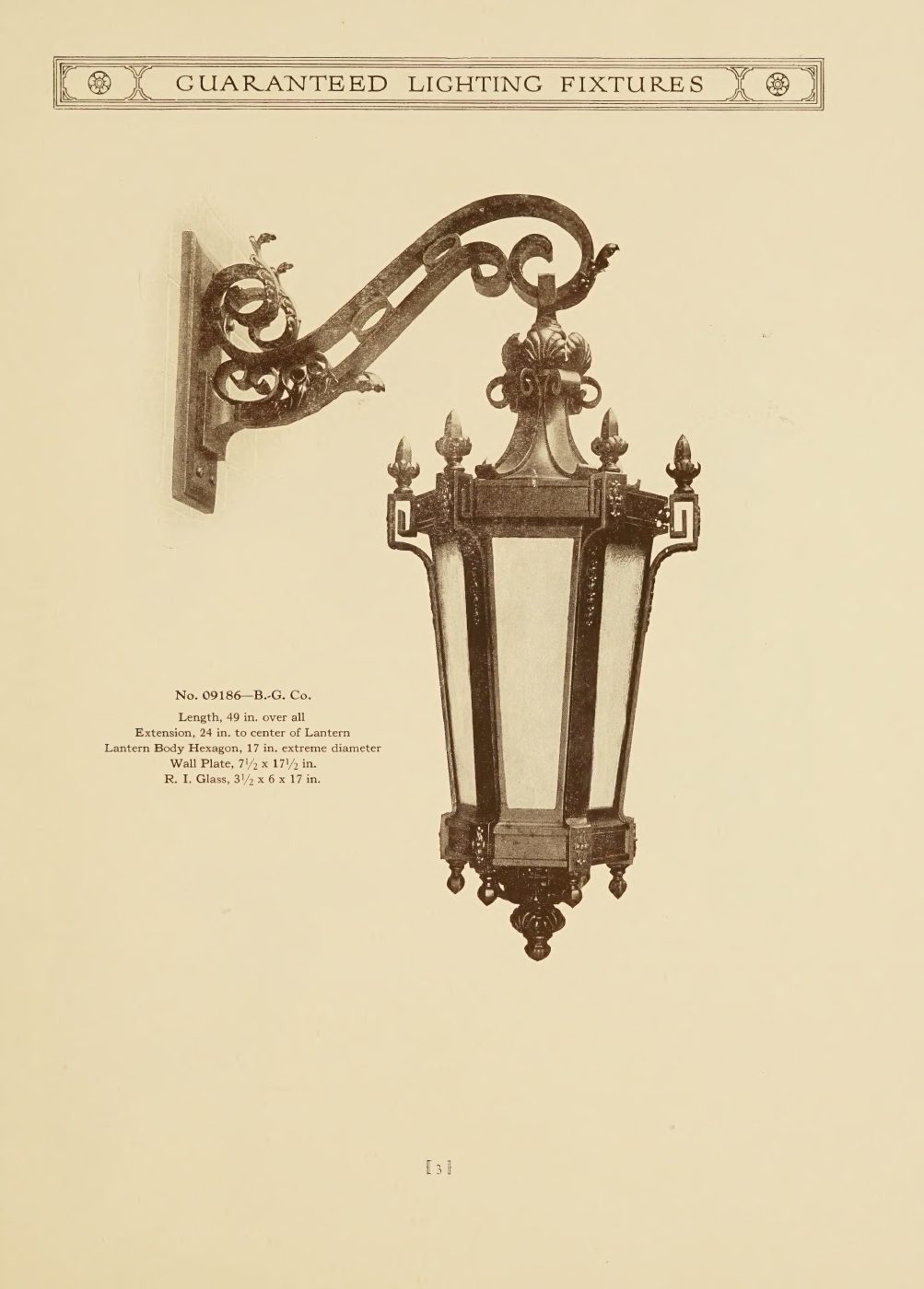 A large hexagonal bracket lantern with dimensions for body, extension, wall plate, and glass.