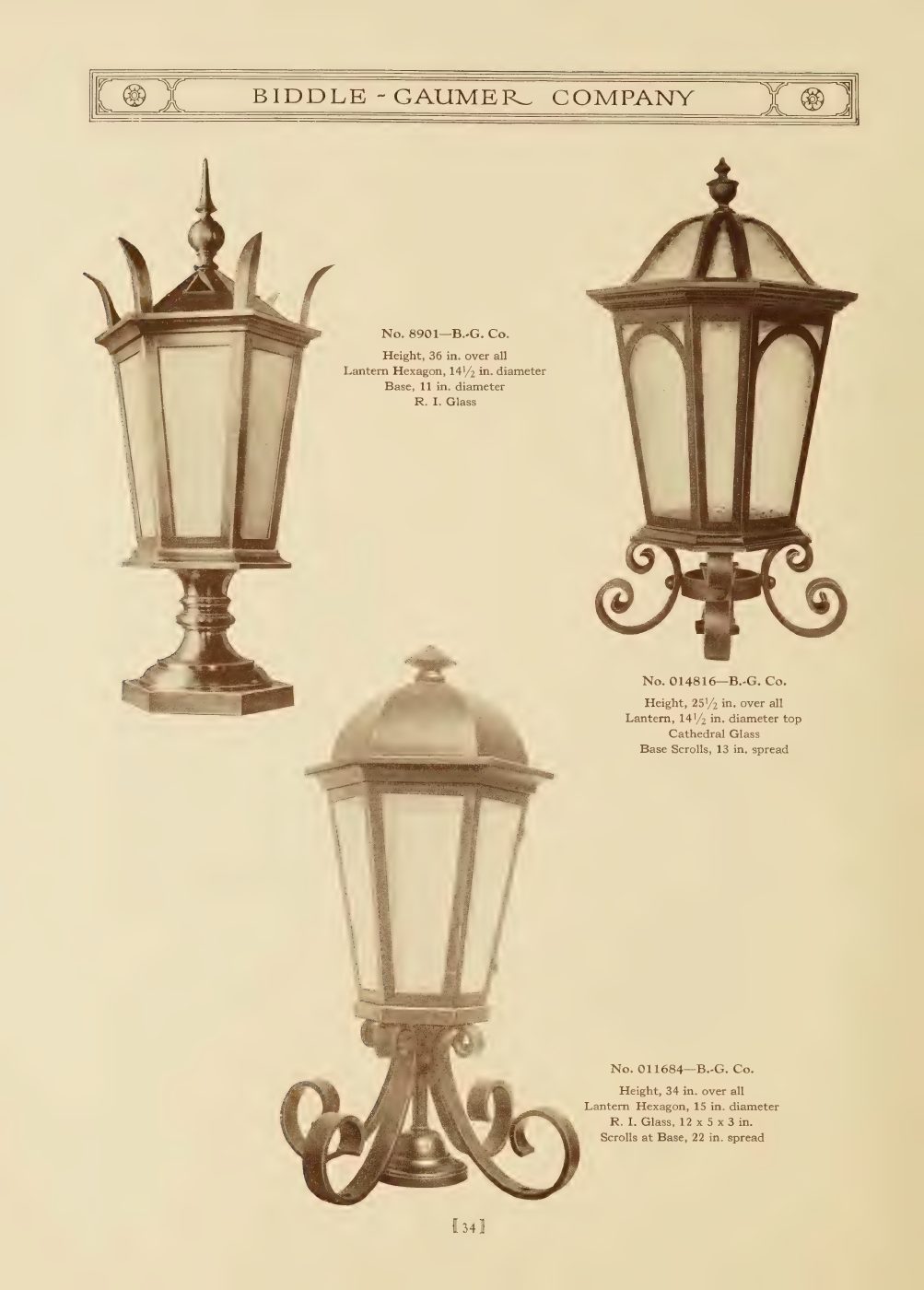 Post-top lanterns ranging from Gothic tracery to restrained square frames.