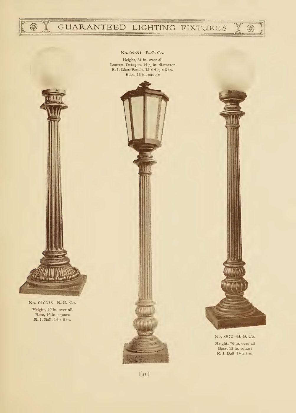 Tall cast-metal standards with varied bases, shafts, and capital details.