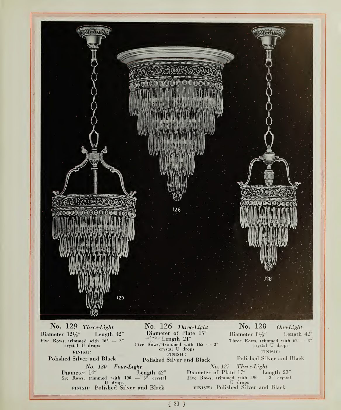 Tiered crystal chandeliers and coordinated wall brackets.