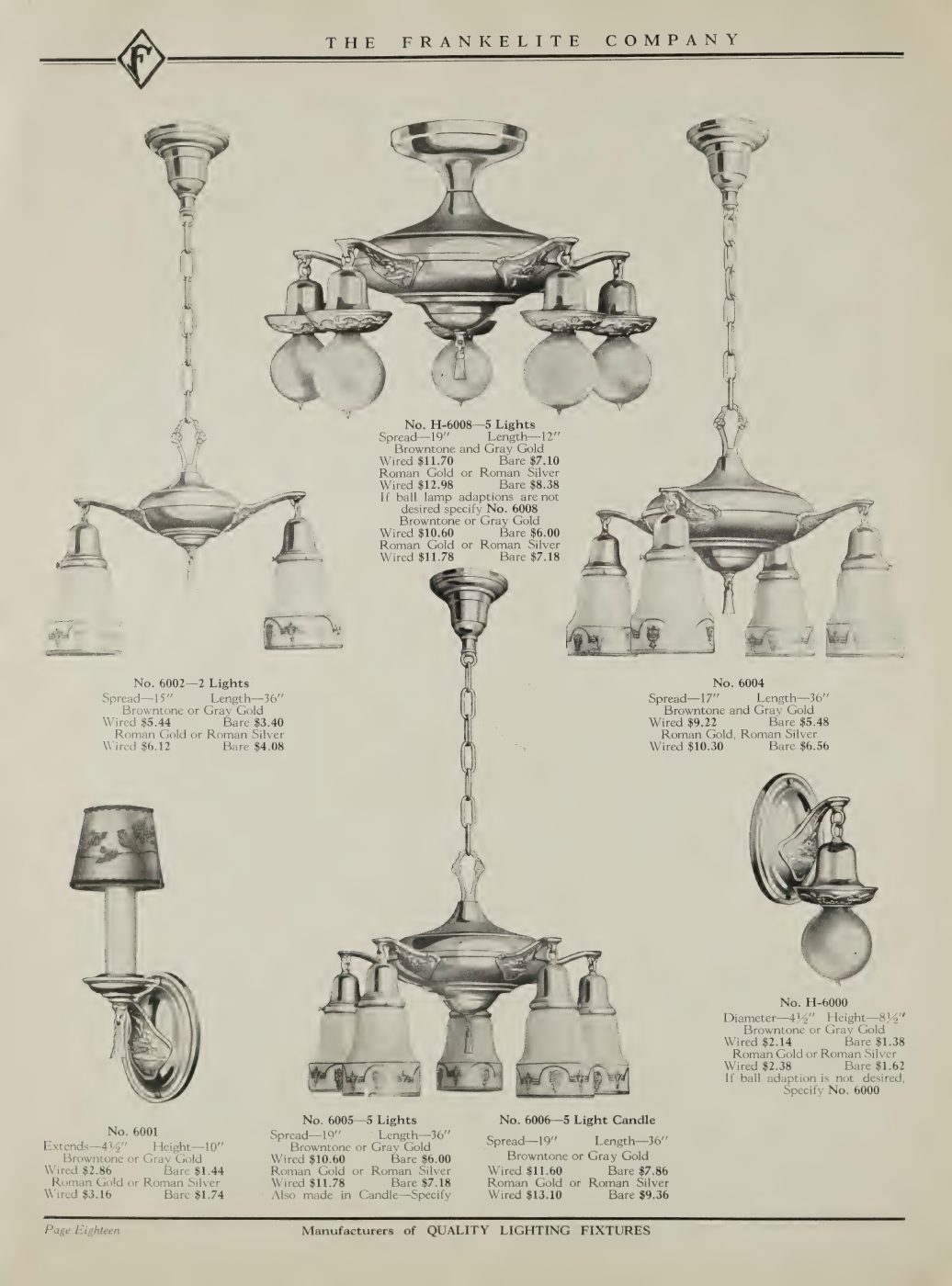 A mixed plate of small ceiling fixtures, wall brackets, shades, and utility forms.