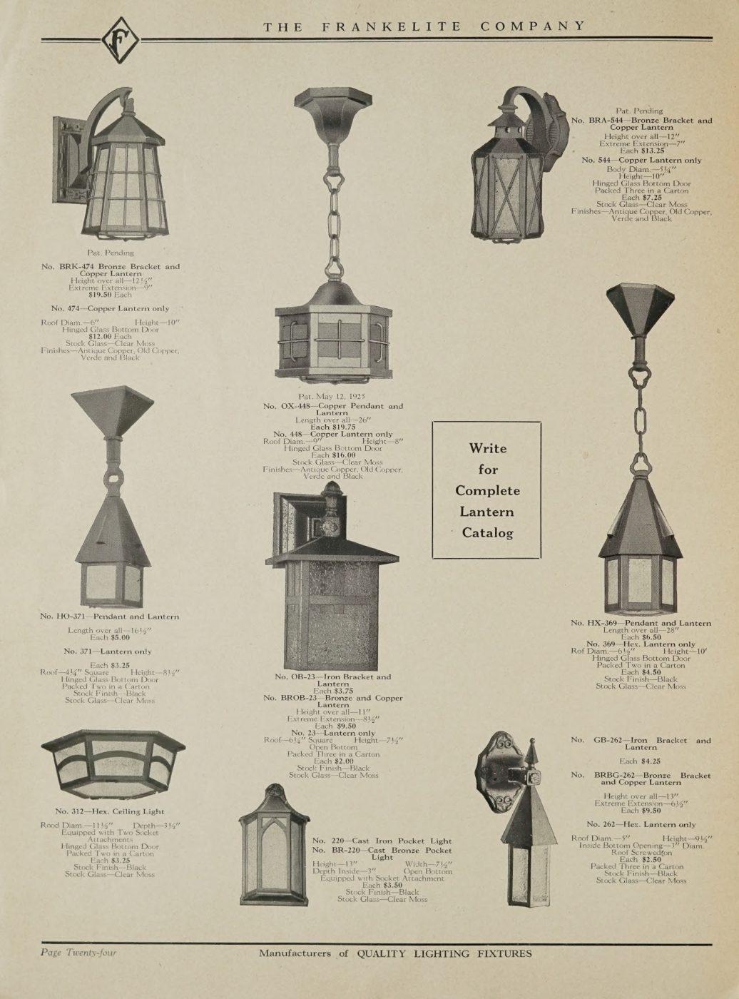 Exterior wall lanterns and hanging porch lights at the end of the catalog.