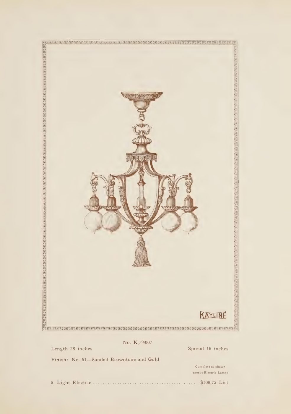 A compact revival chandelier with curled arms and upright candle-form sockets.