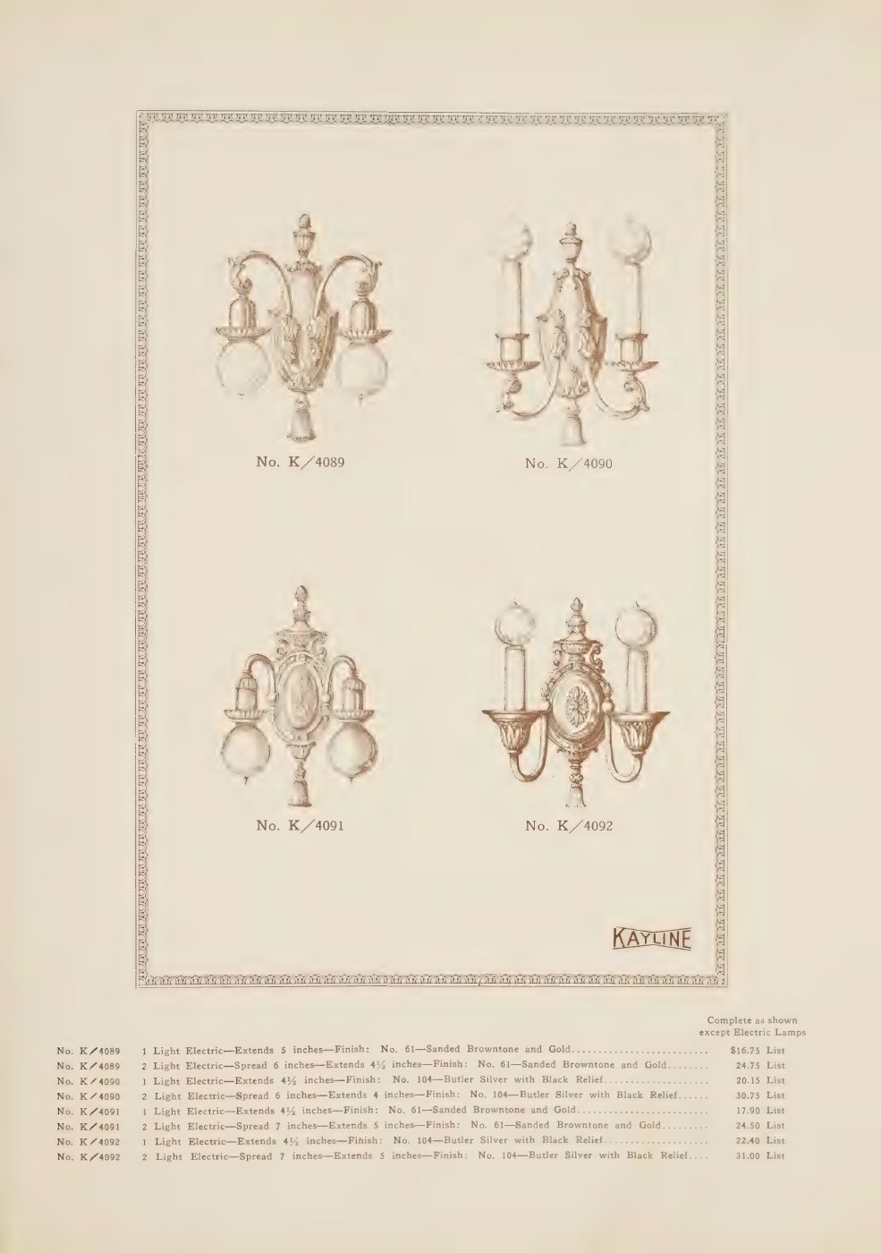 The wall-bracket section, grouping matching one- and two-light sconces by model number.